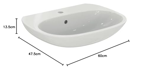 Ideal Standard - Tesi, Lavabo da 60cm per installazione a muro, Con foro centrale per la rubinetteria, Con foro troppopieno, Bianco