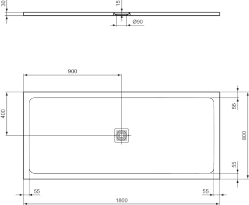 Ideal Standard - Ultra Flat S+, Piatto doccia rettangolare ultrasottile in resina effetto pietra, 180x80cm, Ideal Solid, Scarico centrale, Bianco