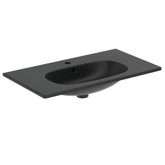 Ideal Standard - Tesi, Lavabo top da 80cm per installazione a muro, Lavandino 825x450x165 mm con foro centrale per la rubinetteria e troppopieno, Nero seta