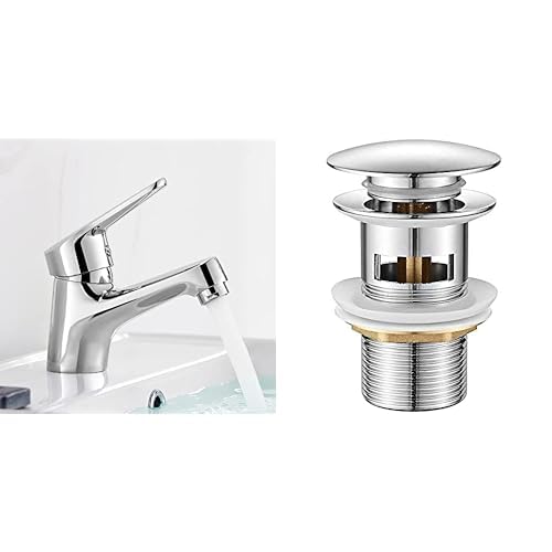 Ibergrif M11050-Roma Miscelatore Monocomando Lavabo Rubinetto Da Bagno Cromo & , Scarico Lavabo Bagno Universale Pop Up 1/4 '', Valvola Piletta Lavandino Click Clack