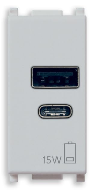 Vimar 14292.AC.15.SL Plana Alimentatore USB 15 W 3 A 5 V per dispositivi elettronici, uscite USB A e USB C