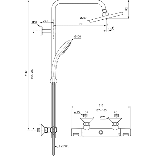 Ideal Standard A7208AA Ceratherm t25 Colonna doccia con miscelatore termostatico esterno, cromo