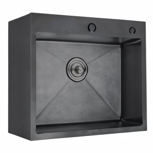 Ibergrif Lavello da cucina a ciotola singola in acciaio inox fatto a mano con 2 fori,lavello residenziale in acciaio inossidabile 304 con kit di scarico e filtro a cestello,55x45x19cm Nero