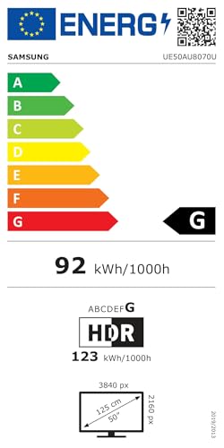 Samsung TV UE50AU8070UXZT, Smart TV 50" Serie AU8000, Modello AU8070, Crystal UHD 4K, Alexa integrato, Nero, 2021, DVB-T2 [Efficienza energetica classe G]