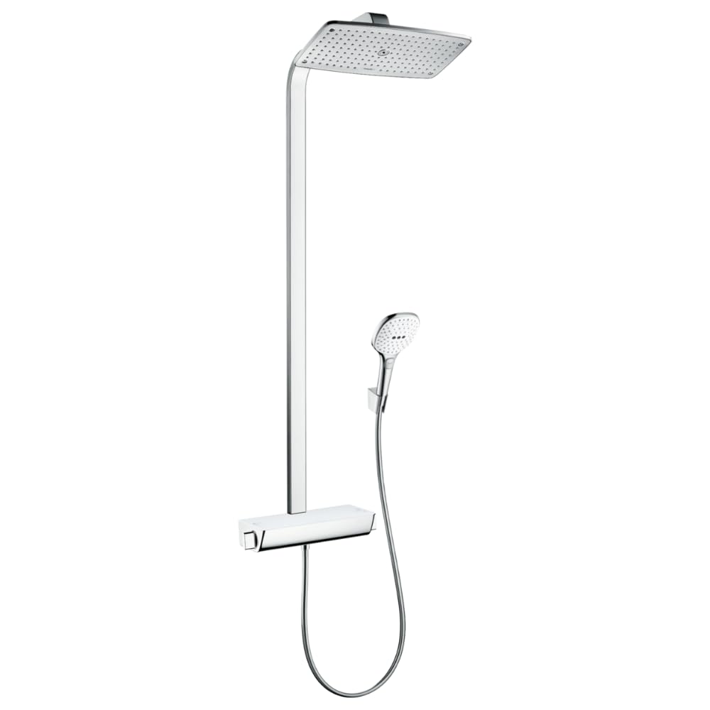 hansgrohe Raindance E - Colonna doccia con miscelatore termostatico, Sistema doccia (360 x 190 mm) con rubinetto, doccetta (3 getti), tubo, asta e soffione doccia quadrato, cromo, 27112000