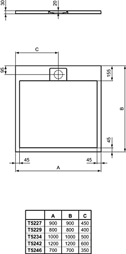 Ideal Standard - Ultra Flat S i.life, Piatto doccia quadrato 80x80 in resina, Piletta con scarico nascosto, Finitura opaca effetto pietra, Bianco