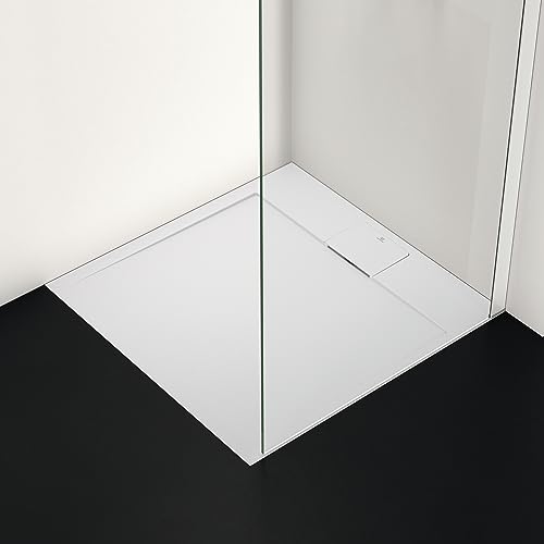 Ideal Standard - Ultra Flat S i.life, Piatto doccia quadrato 80x80 in resina, Piletta con scarico nascosto, Finitura opaca effetto pietra, Bianco