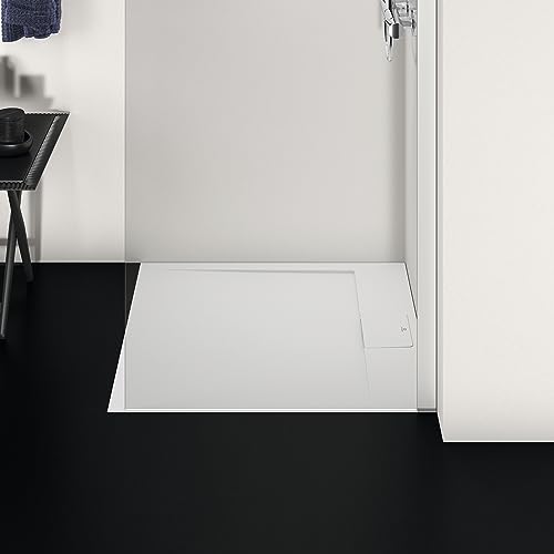 Ideal Standard - Ultra Flat S i.life, Piatto doccia quadrato 80x80 in resina, Piletta con scarico nascosto, Finitura opaca effetto pietra, Bianco