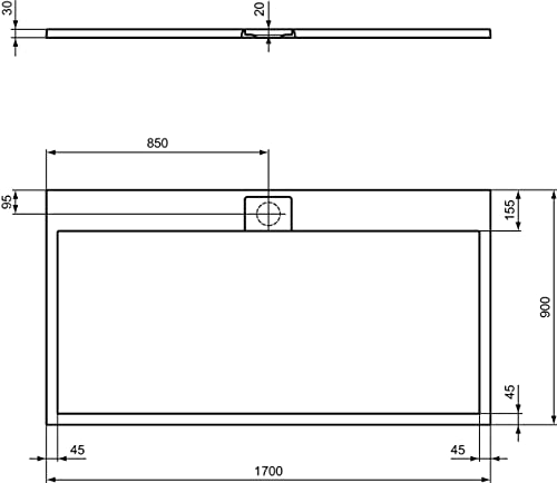 Ideal Standard - Ultra Flat S i.life, Piatto doccia rettangolare 170x90 in resina, Piletta di scarico lato lungo, Finitura opaca effetto pietra, Bianco