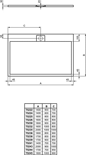 Ideal Standard - Ultra Flat S i.life, Piatto doccia rettangolare 170x90 in resina, Piletta di scarico lato lungo, Finitura opaca effetto pietra, Bianco