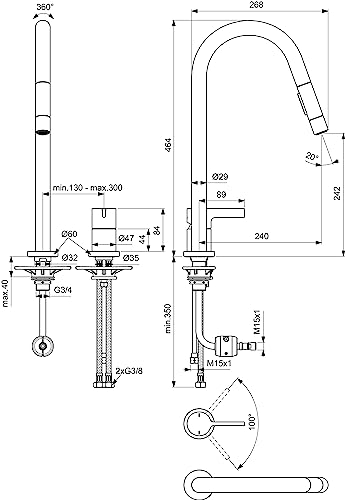 Ideal Standard - Gusto, Miscelatore monocomando per lavello da cucina a due fori, Bocca alta tubolare con doccetta orientabile ed estraibile a due funzioni, Cromato