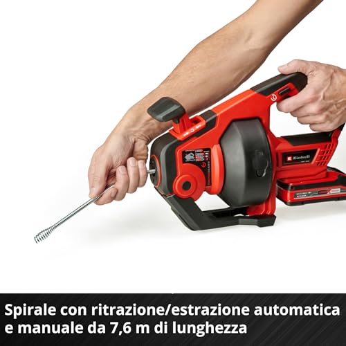 Einhell Detergente per tubi a batteria TE-DA 18/760 Li-Solo Power X-Change (18 V, Li-Ion, spirale di pulizia lunga 7,6 m, adatto per tubi di diametro 16-55 mm, fornito senza batteria e caricatore)