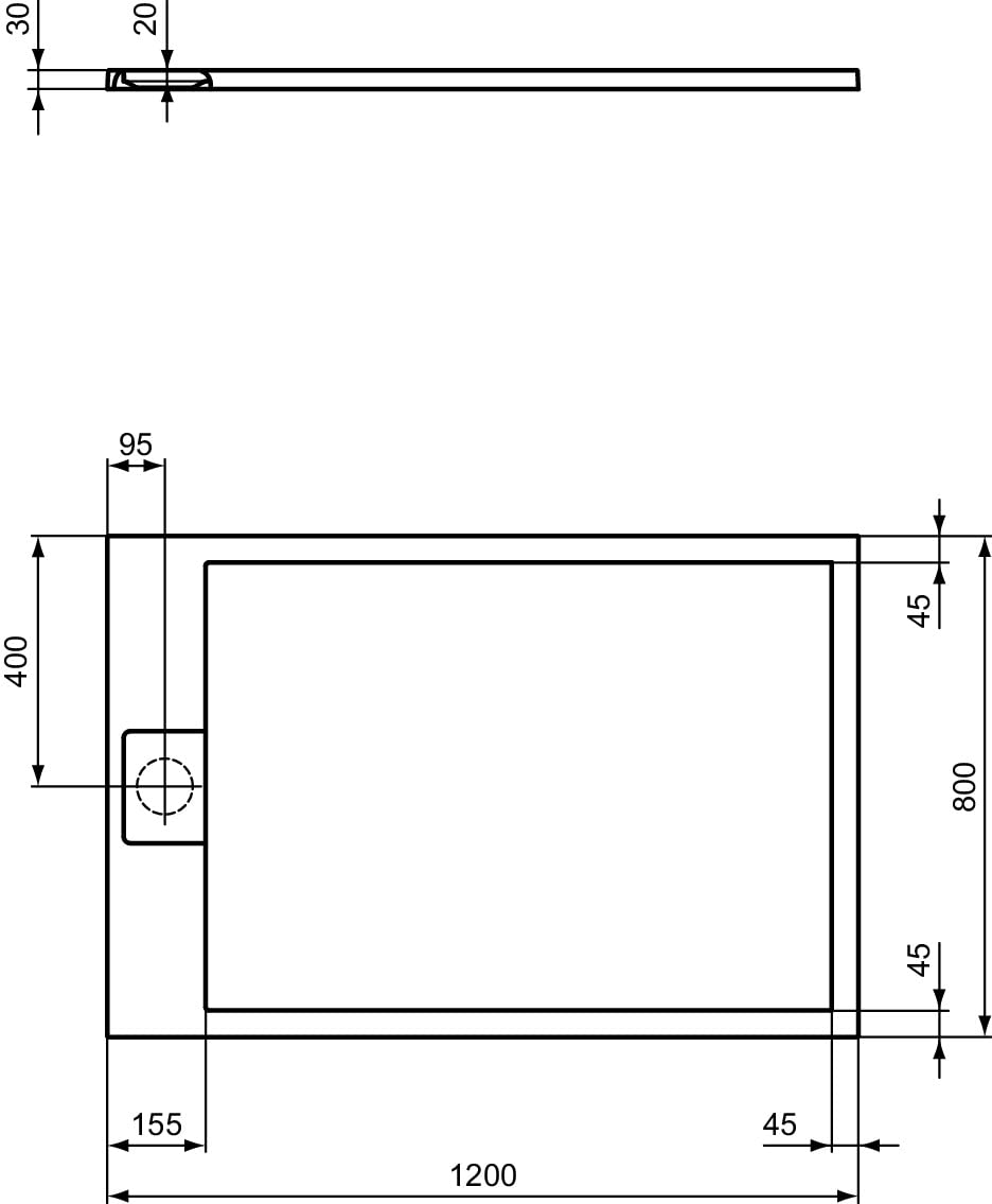 Ideal Standard - Ultra Flat S i.life, Piatto doccia rettangolare 120x80 in resina, Piletta di scarico lato corto, Finitura opaca effetto pietra, Bianco