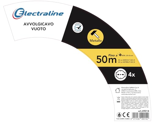 Electraline 49014 Avvolgicavo, Avvolgi-Prolunghe senza cavo in metallo antiruggine con 4 prese 10/16A italiane + Schuko, diametro 290mm per uso professionale