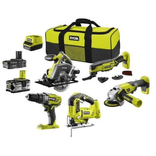 Pacchetto completo RYOBI 5 attrezzi - 2 batterie 2.0Ah e 4.0Ah - 1 caricabatterie - R18CK5A-242S