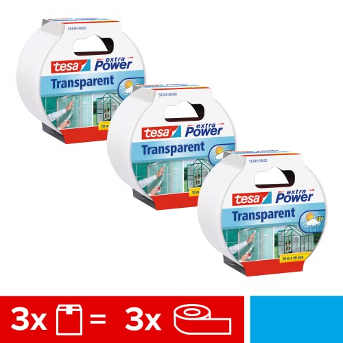 tesa® Extra Power - Nastro adesivo trasparente, confezione da 3, impermeabile, per riparare vetri o materie plastiche, 3 x 10 m x 50 mm, trasparente