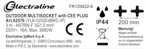 Electraline 62576 Multipresa Outdoor con Spina CEE, 4 Prese Schuko con tappo IP44, appendibile con 2 ganci+elastici fermacavo, Cavo in gomma 3M, H07RN-F 3G1.5, campeggio, caravan, blu/nero