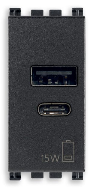 Vimar 19292.AC.15 Arké Alimentatore USB 15 W 3 A 5 V per dispositivi elettronici, uscite USB A e USB C