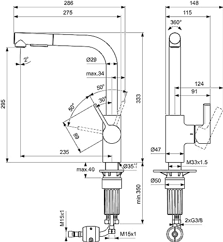 Ideal Standard - Gusto, Miscelatore monocomando per lavello da cucina, Bocca ad L tubolare con doccetta orientabile ed estraibile a due funzioni, Cromato