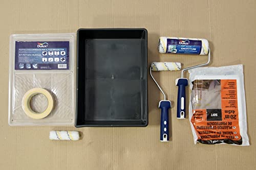 Dulux KIT PITTURA MURALE, Set Completo da Interno per Imbiancare Pareti e Soffitti con Rulli Pittura, Vaschetta con Griglia, Pennello, Telo Pavimento, Nastro Carta e Copertura Battiscopa