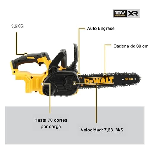 DEWALT DCM565N-XJ Motosega a Batteria Litio Motore Brushless, Lunghezza Barra e capacità di taglio 30 cm, Velocità Regolabile, Doppia Impugnatura 18 V 5.0 Ah