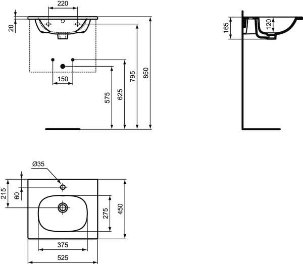 Ideal Standard - Tesi, Lavabo top da 50cm per installazione su mobile o a muro, Con foro centrale per la rubinetteria, Con foro troppopieno, Bianco