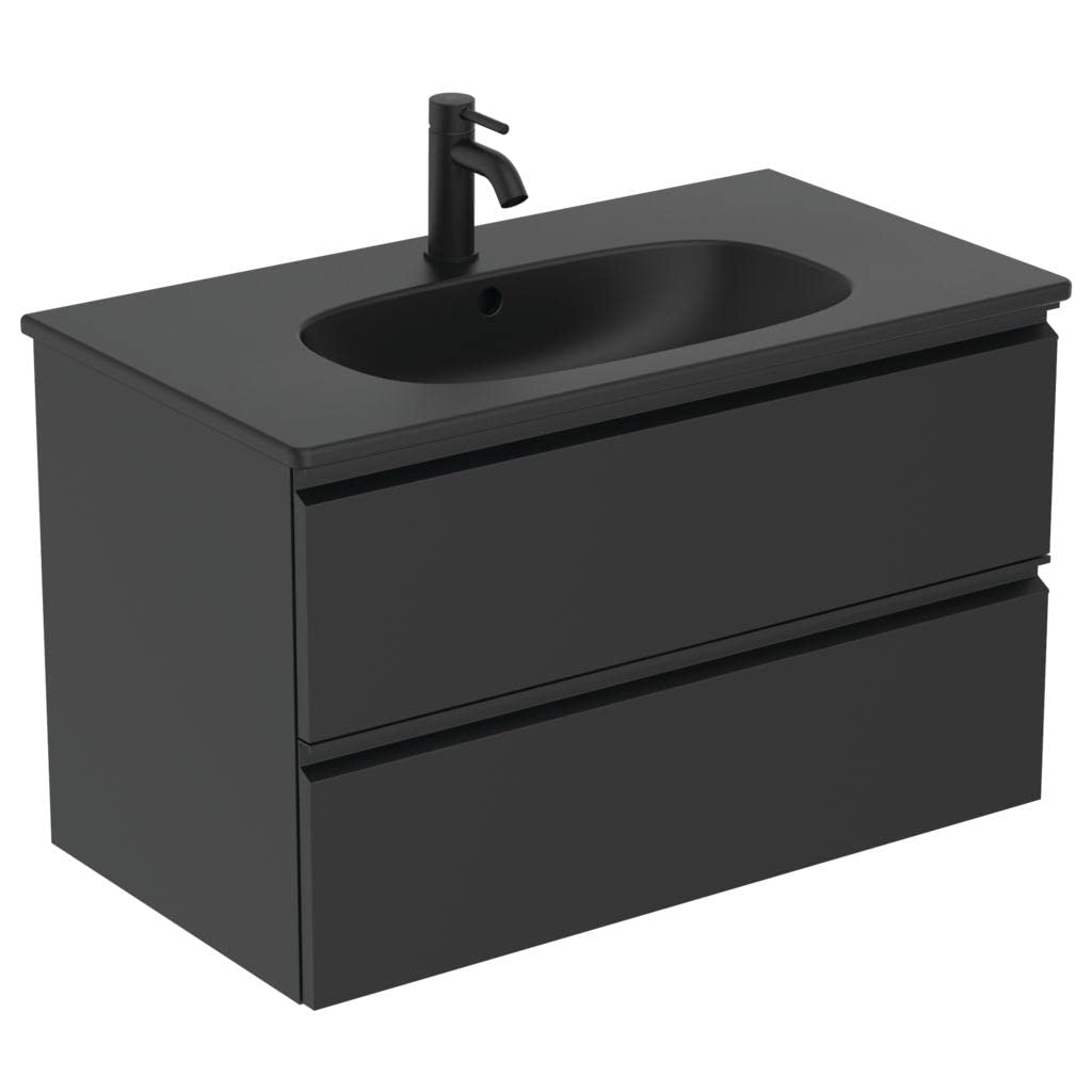 Ideal Standard - Tesi, Lavabo top da 80cm per installazione a muro, Lavandino 825x450x165 mm con foro centrale per la rubinetteria e troppopieno, Nero seta