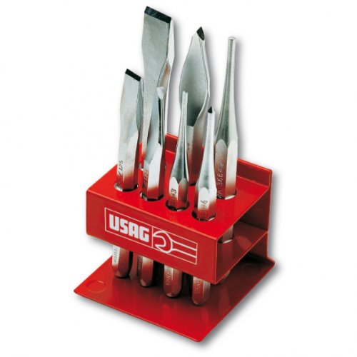 USAG 372 S7 - Assortimento di scalpelli, ugnetti e punzoni con supporto in lamiera (7 pz) 372082