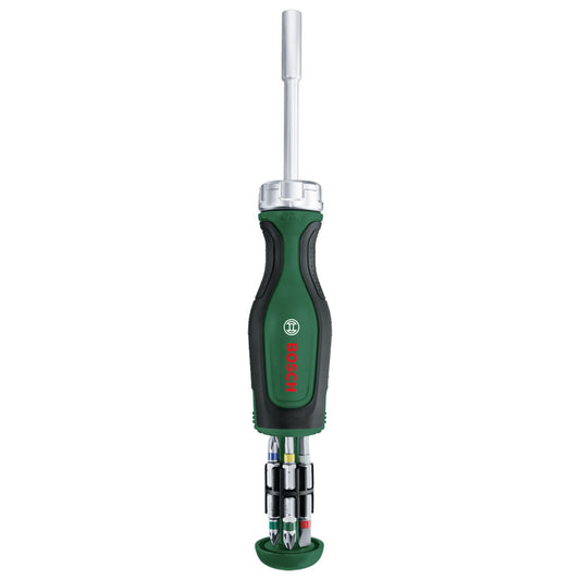 Bosch Cacciavite a cricchetto con 12 bit, Cacciavite a cricchetto a coppia elevata per avvitatura efficiente, gravosa, caricatore bit Pop-up, 12 bit in dotazione, portabit magnetico, Amazon Edition