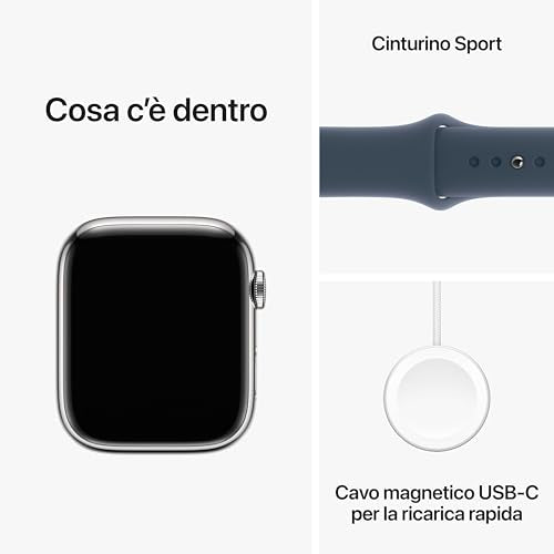 Apple Watch Series 9 GPS + Cellular 45mm Smartwatch con cassa in acciaio inossidabile color argento e Cinturino Sport blu tempesta - S/M. Fitness tracker, app Livelli O₂, display Retina always-on