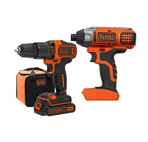 BLACK+DECKER BCK21S1S-QW - Kit trapano a percussione e avvitatore a impatto senza fili, 1 batteria, consegnato in sacchetto di immagazzinaggio, 18 V