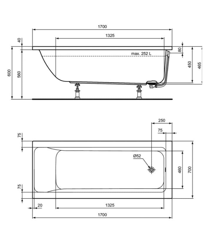 Ideal Standard Serie Connect Air Vasca da Bagno 170x70cm T361701 da Incasso Solo Guscio, Bianco