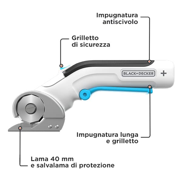 BLACK+DECKER, TAGLIERINO ELETTRICO 3.6V- Impugnatura anti-scivolo, Grilletto di sicurezza, Ricarica tramite cavo USB-C, Una lama inclusa, Autonomia di 35/40 minuti. BCRC115-XJ