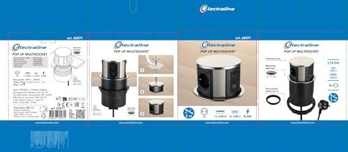 Electraline 62571 Presa multipla retrattile/da tavolo/ a 3 vie (2 USB 3.1A: 1 tipo A+1 tipo C 15,5 W, cavo da 2 m), integrata per presa multipla da piano di lavoro, D 120 mm