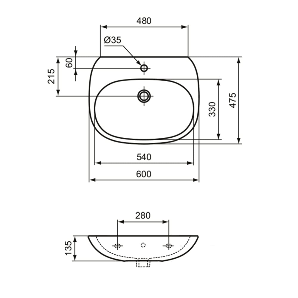 Ideal Standard - Tesi, Lavabo da 60cm per installazione a muro, Con foro centrale per la rubinetteria, Con foro troppopieno, Bianco