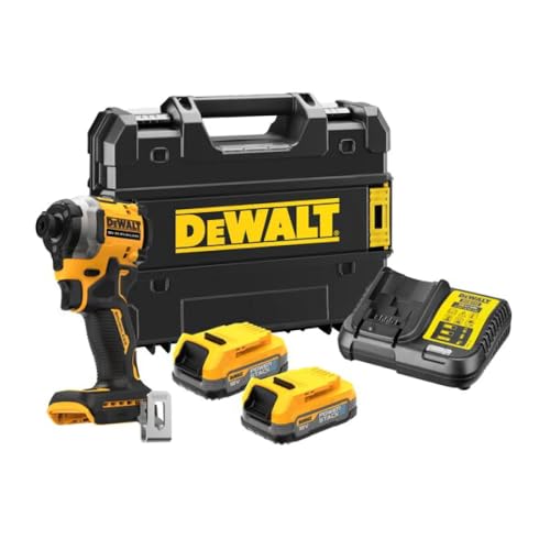 ‎DeWALT DCF850E2T-QW Avvitatore compatto senza spazzole a percussione XR 18V 1/4" 205Nm con 2 batterie POWERSTACK e valigetta TSTAK, Multicolore