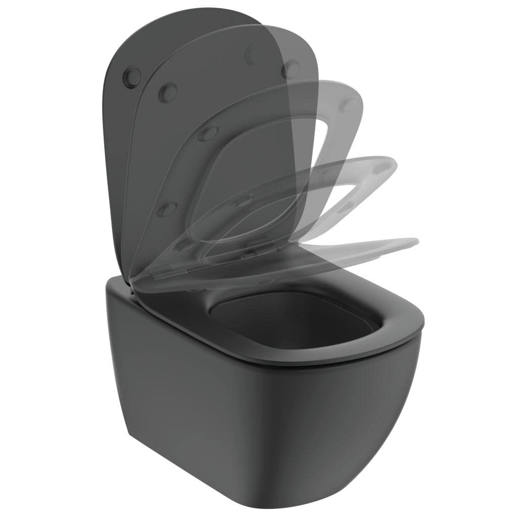 Ideal Standard - Tesi, WC sospeso Aquablade con fissaggi nascosti, Copriwater sottile con chiusura rallentata, Nero seta