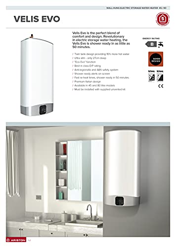 Ariston VELIS EVO - Scaldabagno elettrico da 80 l, doppio serbatoio, pronto per la doccia, Eco Evo, caldaia d'acqua resistente e distributore di acqua calda, riscaldatore elettrico ideale per