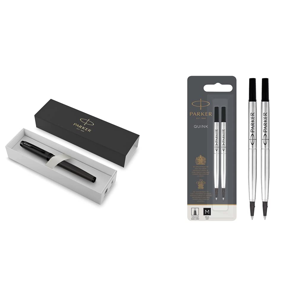 PARKER IM penna roller | Nero opaco con finiture nere | Punta fine con ricarica di inchiostro nero | Confezione regalo & ricarica per penna roller, punta media, nero, confezione da 2