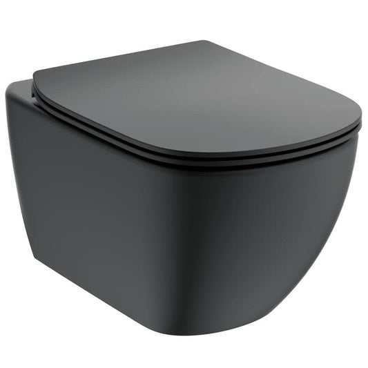 Ideal Standard - Tesi, WC sospeso Aquablade con fissaggi nascosti, Copriwater sottile con chiusura rallentata, Nero seta