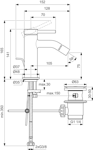 Ideal Standard - Ceraline, Miscelatore monocomando bidet, Rubinetto bidet con cartuccia FirmaFlow, Con asta di comando e piletta, Easyfix, Nero seta