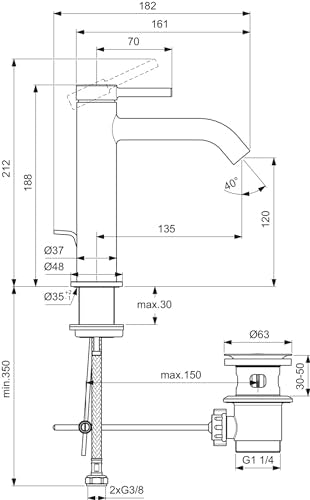 Ideal Standard BD847XG Ceraline Nuovo, rubinetto per lavabo con scarico, rubinetto da bagno con beccuccio, miscelatore per lavabo, a risparmio acqua, nero (Silk Black)