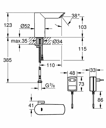 GROHE Bau Cosmopolitan E - elettronica a infrarossi per lavabo (scarico automatico, tubi di collegamento flessibili, dispositivo antiriflusso, con elettrovalvola integrata), cromata, 36453000