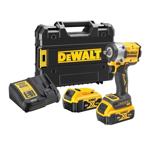 DeWalt Chiave a impatto brushless XR 18 V 1/2" 406 Nm con anello di ritegno con 2 batterie Li-Ion 5 Ah e valigetta TSTAK marca, Multicolore