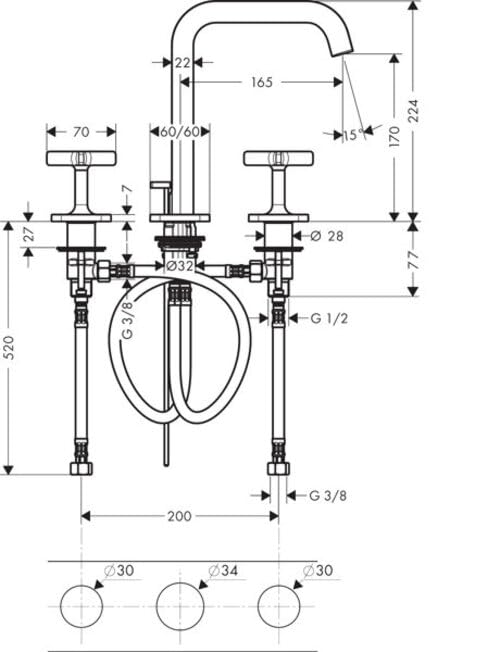 Miscelatore per lavabo Hansgrohe Axor Citterio E 3 fori 170 con scarico a scomparsa e rosette, Colorazione: Bronzo spazzolato