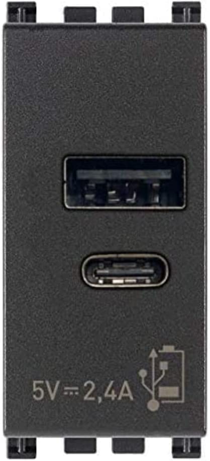 Vimar 14295.AC Plana Presa USB 5 V 3 A, 1 uscita USB tipo A e 1 tipo C, erogano complessivamente 3 A per caricare un dispositivo fino a 3 A o contemporaneamente due dispositivi