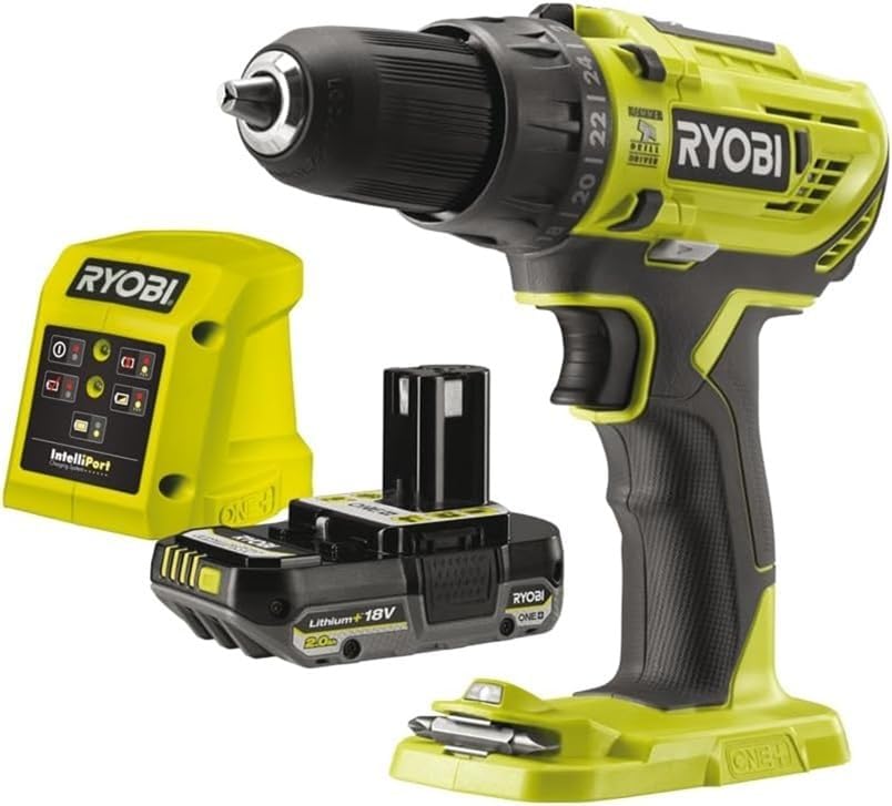 Ryobi R18PD32-1C20G, Trapano a Percussione a Batteria 18V ONE+, 2 Velocità, 24 Posizioni di Coppia, Ideale per Forare Legno e Muratura, Luce LED, 1 Batteria al Litio 2.0Ah e 1 Caricabatterie