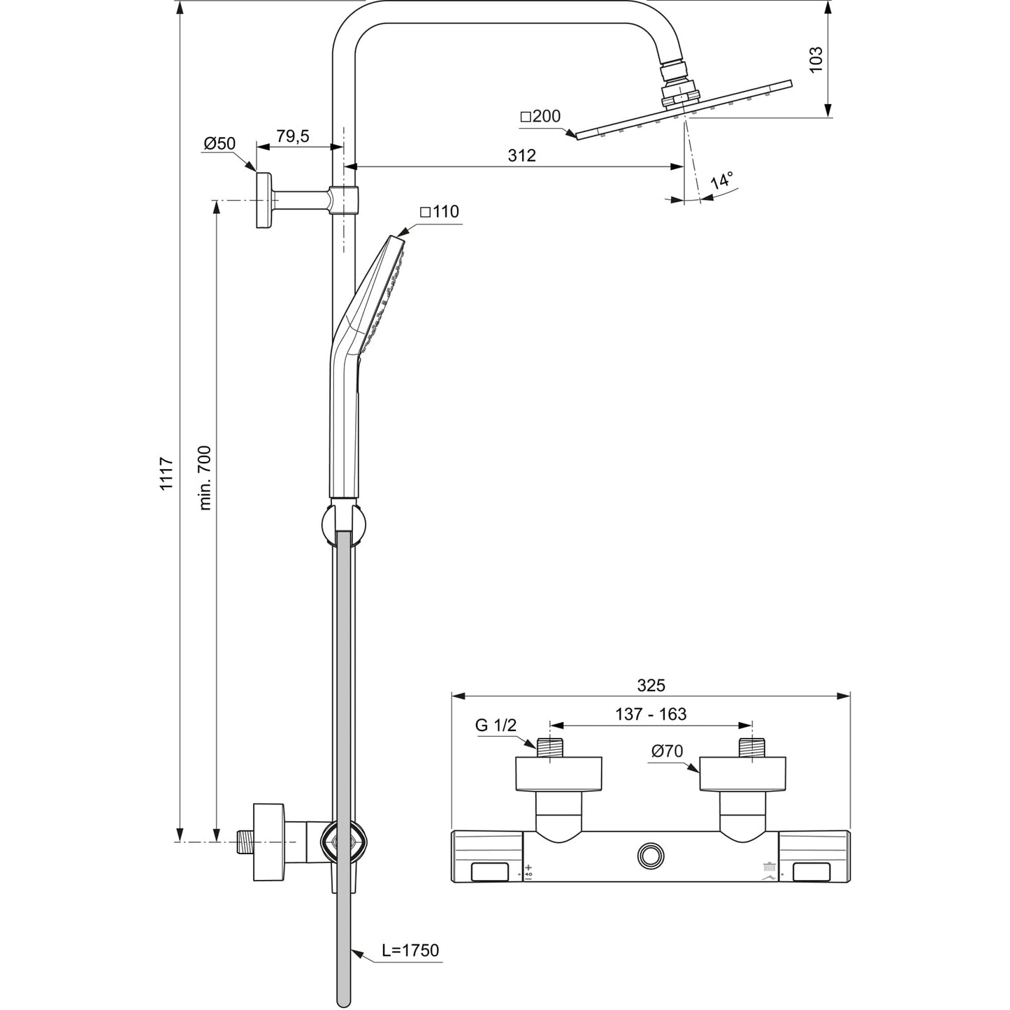 Ideal Standard A7240AA Ceratherm t10 Colonna doccia con miscelatore termostatico esterno, cromo