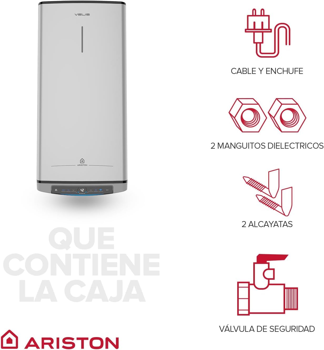 Ariston, Velis Tech Dry Wifi - Scaldabagno elettrico multiposizione, termico elettrico, 50 litri, con Wifi e funzione ECO-EVO 79,7 x 27,5 x 51,5 cm, per installazione in Spagna (classe energetica B)