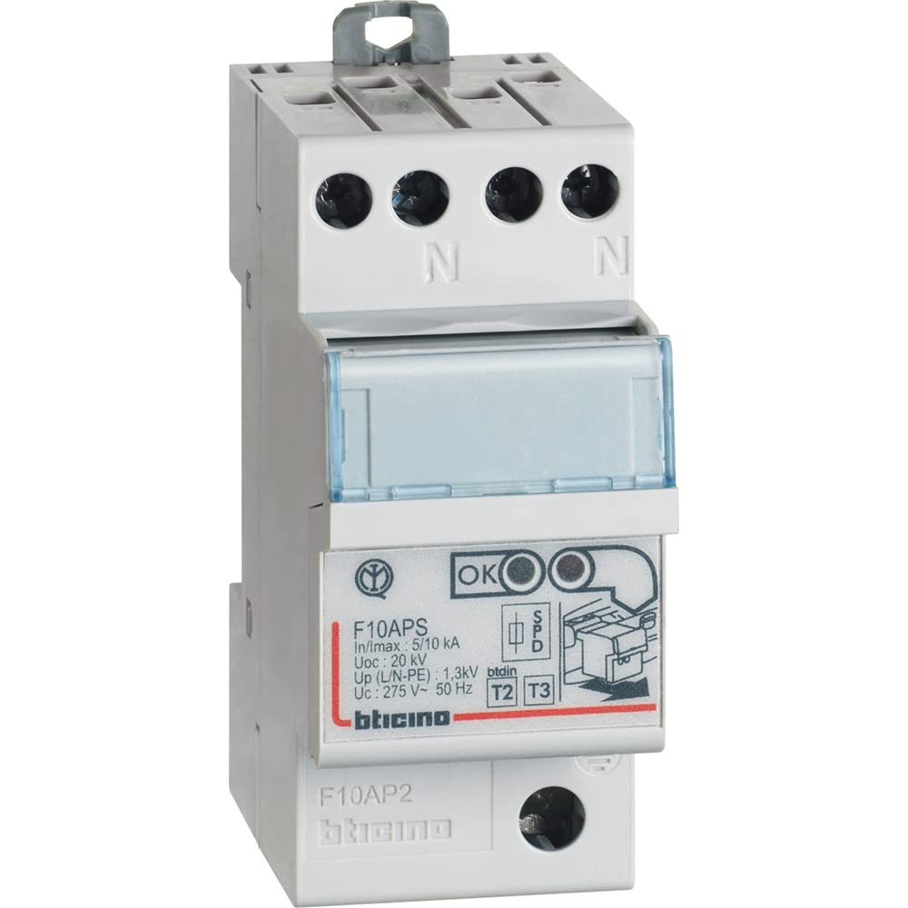 Bticino F10AP2 Serie BTDIN Limitatore Sovratensione SPD Autoprotetto, 2 Poli, in 10Ka, 250 V, Grigio